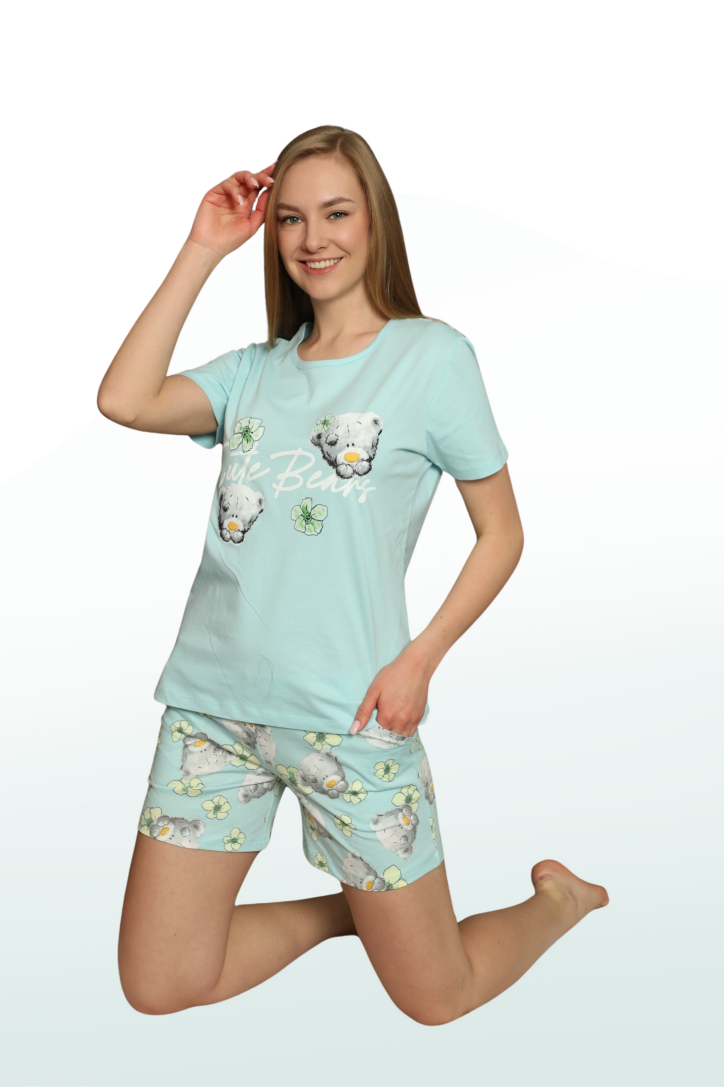 Cute Bear Pattern Short Sleeve Basic Neck Shorts Pajama Set: Fun and Comfort Combined