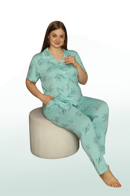 Willow Pattern Short Sleeve Front-Buttoned Shirt Collar Pajama Set: Where Style and Comfort Meet