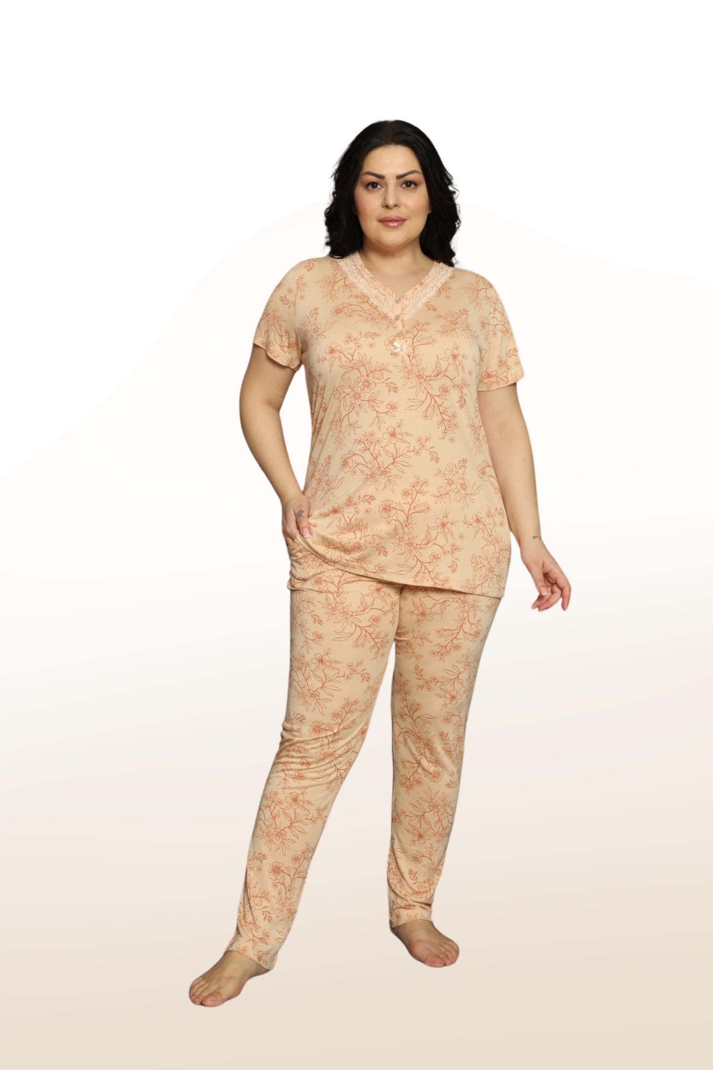 Ivy Pattern Short Sleeve Long Bottom Pajama Set: Elegant and Comfortable