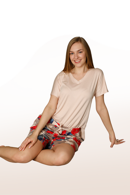 Leaf Pattern Short Sleeve Shorts Pajama Set: With Breezes from Nature