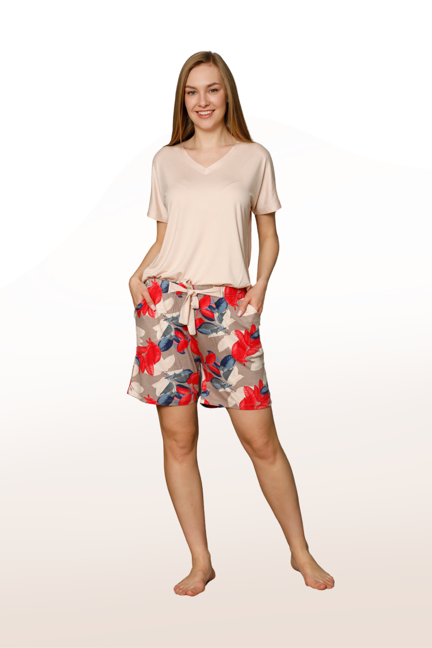 Leaf Pattern Short Sleeve Shorts Pajama Set: With Breezes from Nature