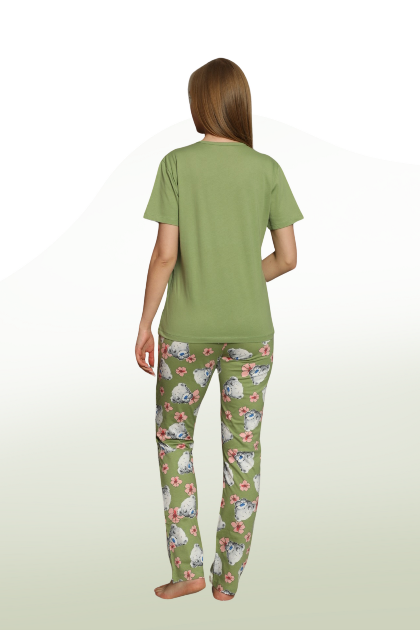 Cute Bear Pattern Short Sleeve Basic Collar Long Pajama Set: Fun and Comfort Together