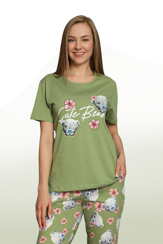 Cute Bear Pattern Short Sleeve Basic Collar Long Pajama Set: Fun and Comfort Together