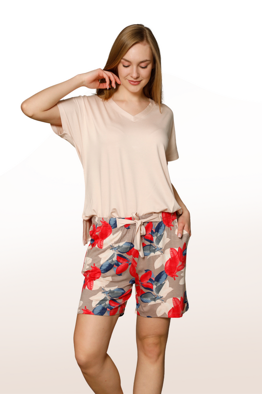 Leaf Pattern Short Sleeve Shorts Pajama Set: With Breezes from Nature