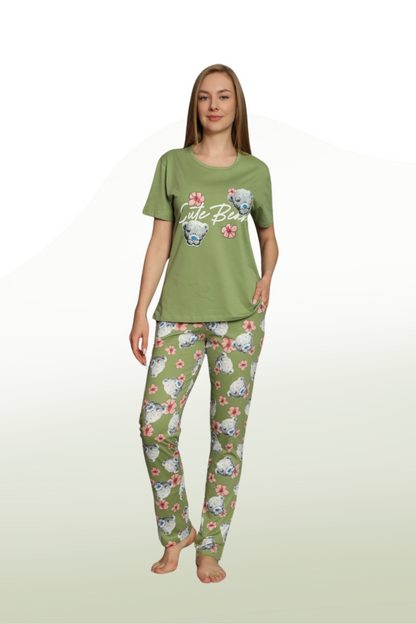 Cute Bear Pattern Short Sleeve Basic Collar Long Pajama Set: Fun and Comfort Together