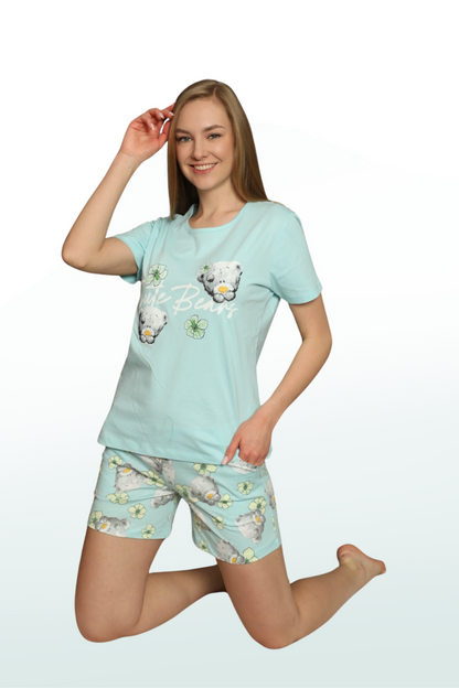 Cute Bear Pattern Short Sleeve Basic Neck Shorts Pajama Set: Fun and Comfort Combined
