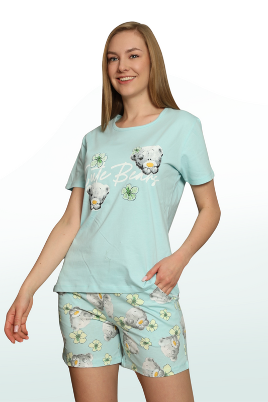 Cute Bear Pattern Short Sleeve Basic Neck Shorts Pajama Set: Fun and Comfort Combined