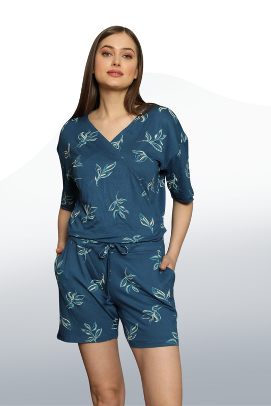 Willow Pattern Short Sleeve Shorts Jumpsuit: The Elegance of Comfort