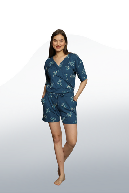 Willow Pattern Short Sleeve Shorts Jumpsuit: The Elegance of Comfort