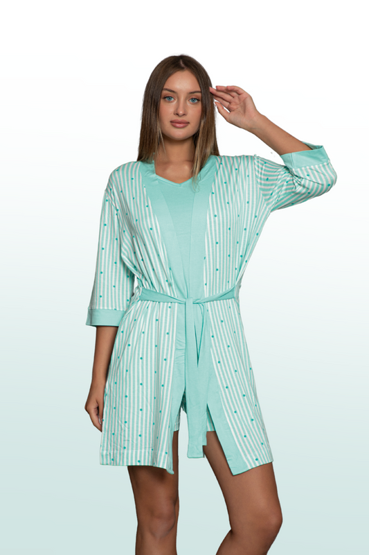 Star Pattern Strap Shorts Robe 3-Piece Pajama Set: Elegance and Comfort Together