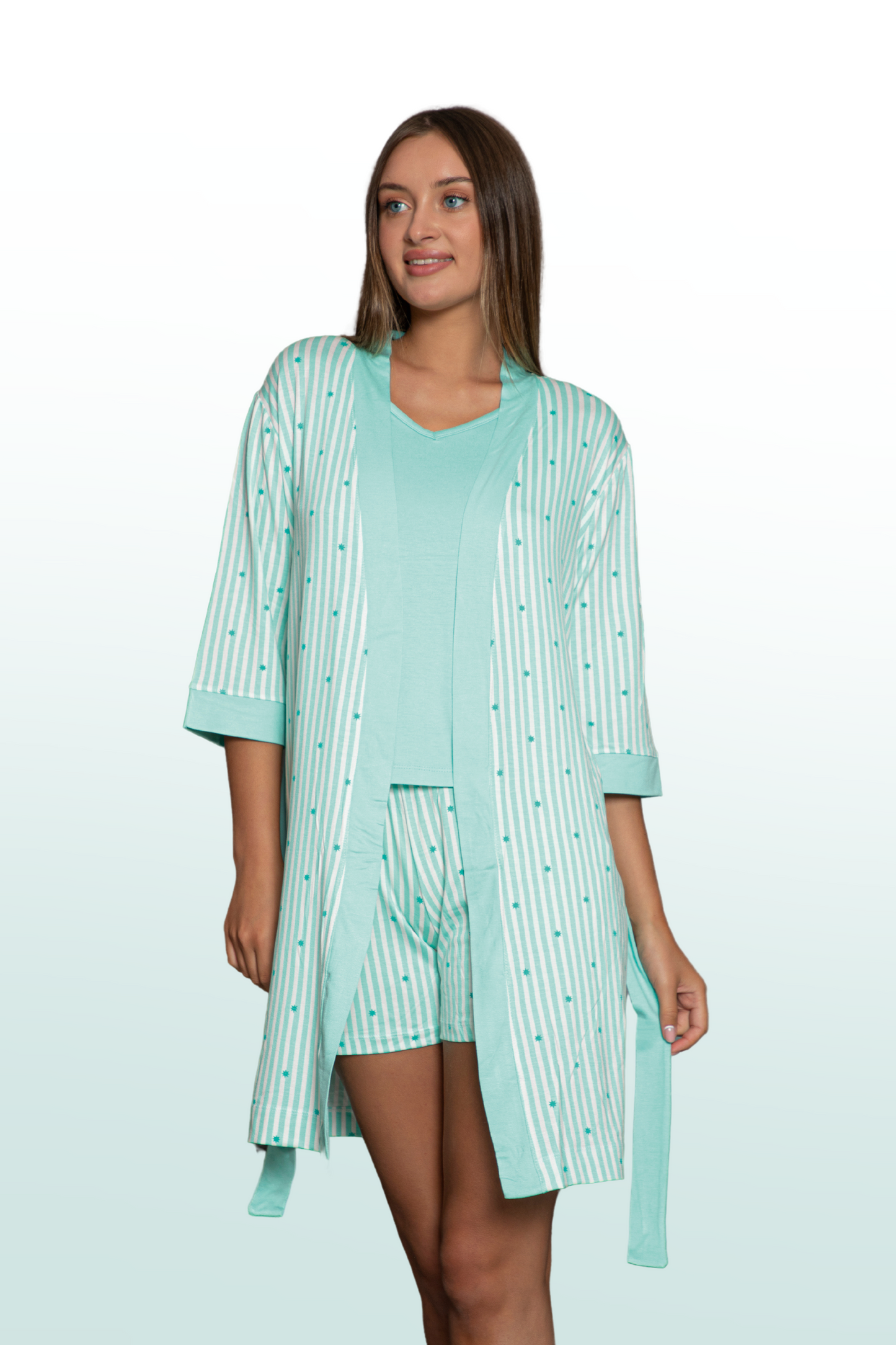 Star Pattern Strap Shorts Robe 3-Piece Pajama Set: Elegance and Comfort Together