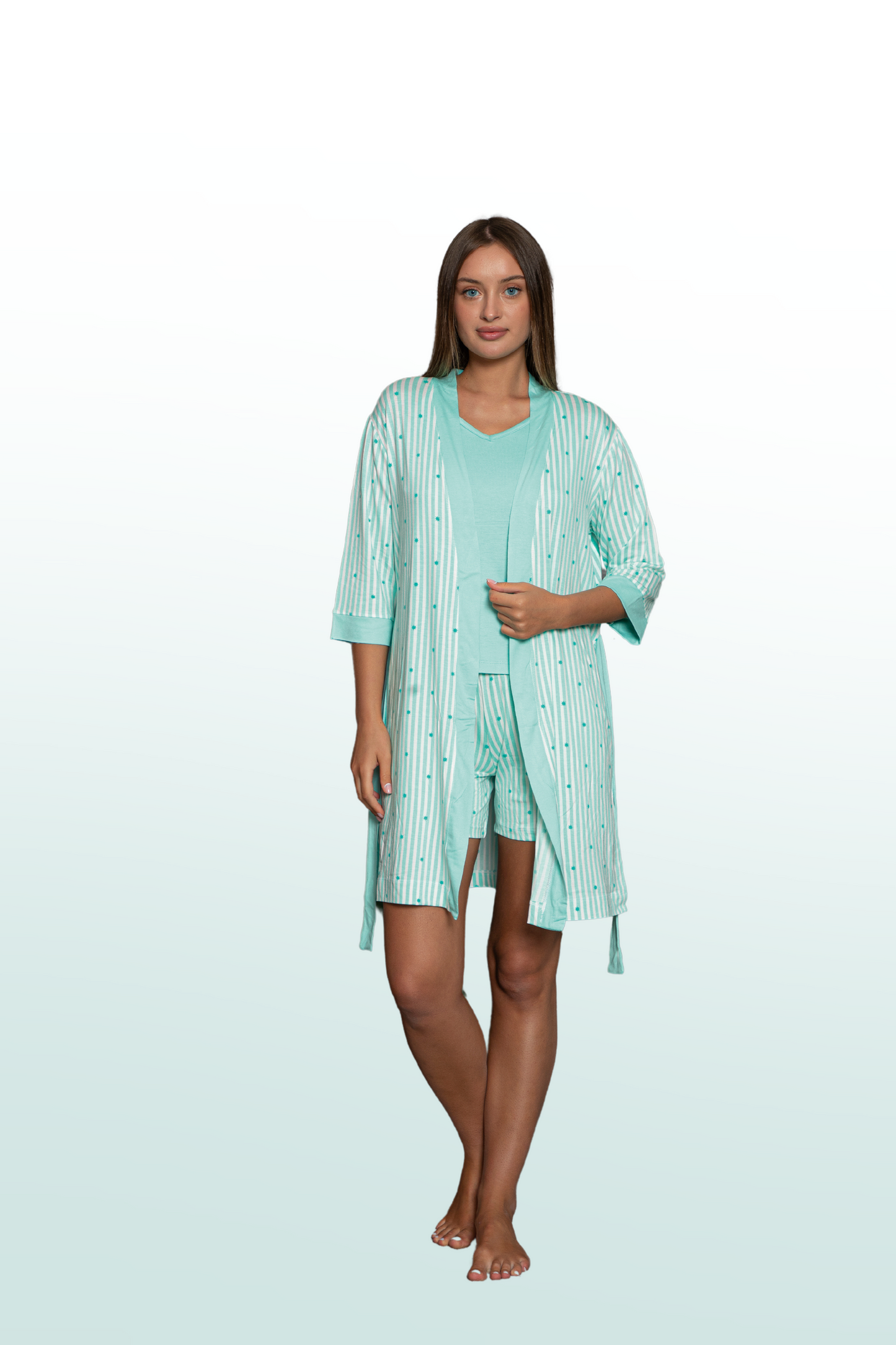 Star Pattern Strap Shorts Robe 3-Piece Pajama Set: Elegance and Comfort Together